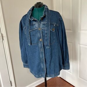 90’s River Island Denim Jacket Women's 18 Blue Puff Cuffed Sleeve Tie Neck Shirt